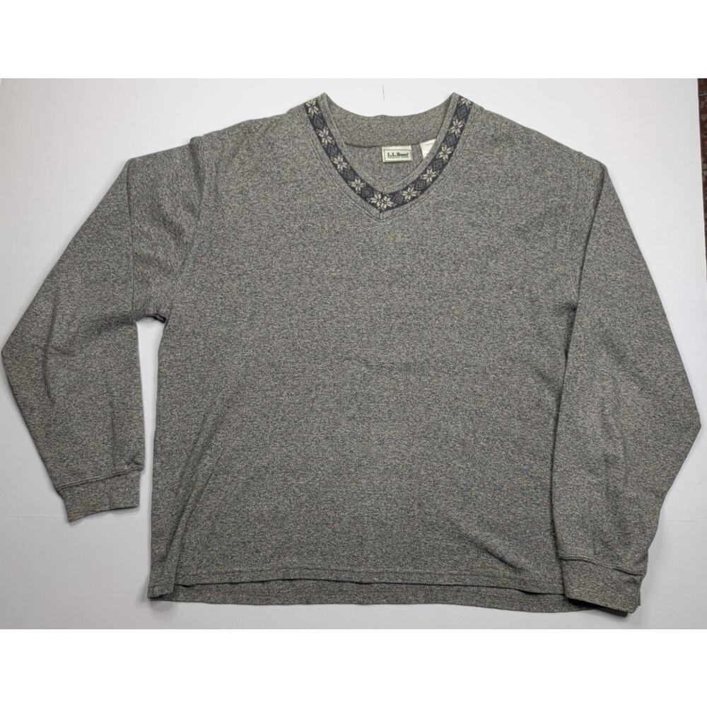 VTG L.L. Bean V-Neck Sweater Heather Gray Black White Snowflake Nordic Trim Sz L